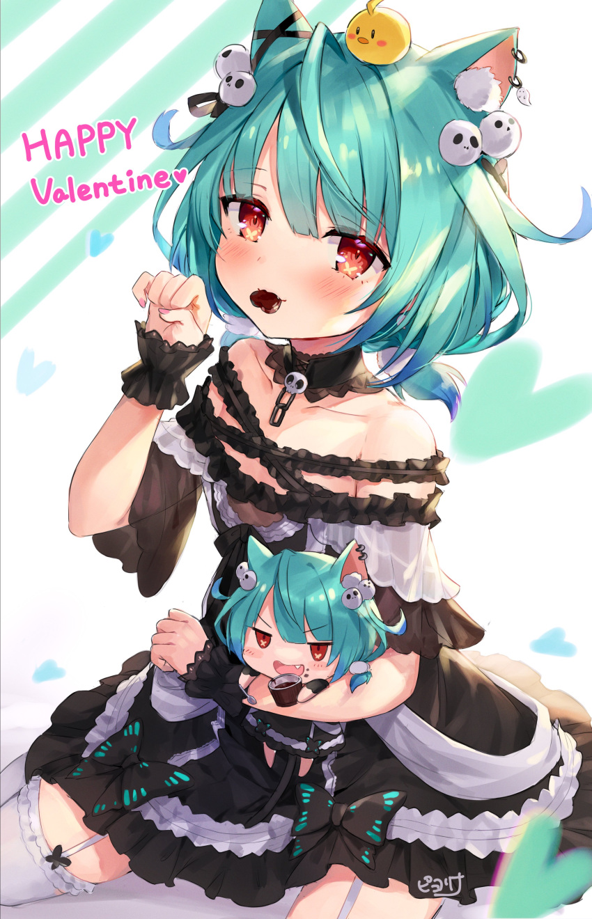 2girls :d absurdres animal_ear_fluff animal_ears aqua_hair bangs black_ribbon blunt_bangs candy cat_ears cat_girl chocolate chocolate_heart collarbone detached_collar ear_piercing eyebrows_visible_through_hair fang fingernails flat_chest food garter_straps hair_ornament hair_ribbon heart highres hololive jitome looking_at_viewer minigirl mouth_hold multiple_girls off_shoulder open_mouth paw_pose piercing pink_nails piyoko_(uruha_rushia) piyoyanagi red_eyes ribbon sitting skull_hair_ornament smile thigh-highs uruha_rushia white_legwear