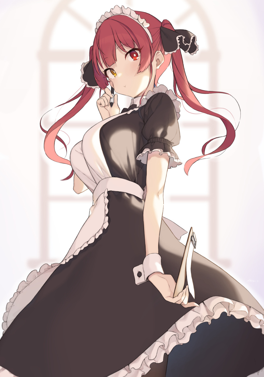 1girl :t absurdres alternate_costume apron bangs black_dress black_legwear blush breasts cloba dress enmaided eyebrows_visible_through_hair frilled_dress frills hair_ribbon heterochromia highres holding holding_pen hololive houshou_marine large_breasts long_hair maid maid_headdress pen red_eyes redhead ribbon short_sleeves solo twintails virtual_youtuber white_apron wrist_cuffs yellow_eyes
