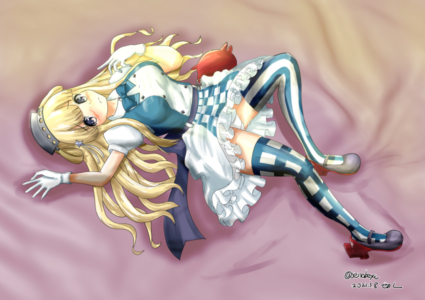 1girl blonde_hair breasts checkered checkered_legwear checkered_skirt cosplay double_bun fletcher_(kancolle) frilled_skirt frills gloves hair_ornament highres kantai_collection large_breasts long_hair michishio_(kancolle) michishio_(kancolle)_(cosplay) mismatched_legwear panties senon short_sleeves skirt solo star_(symbol) star_hair_ornament striped striped_legwear thigh-highs underwear violet_eyes white_gloves white_panties