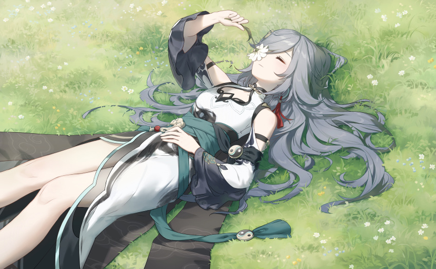 1girl absurdres arm_strap bare_shoulders blue_hair chinese_clothes cleavage_cutout closed_eyes closed_mouth clothing_cutout commentary_request dress earrings feet_out_of_frame flower fu_hua fu_hua_(azure_empyrea) grass hair_ornament hair_over_one_eye highres holding holding_flower honkai_(series) honkai_impact_3rd jewelry long_hair long_sleeves lying mandarin_collar meadow on_back rafaelaaa sash see-through shoulder_cutout solo white_dress white_flower whorled_clouds wide_sleeves yin_yang