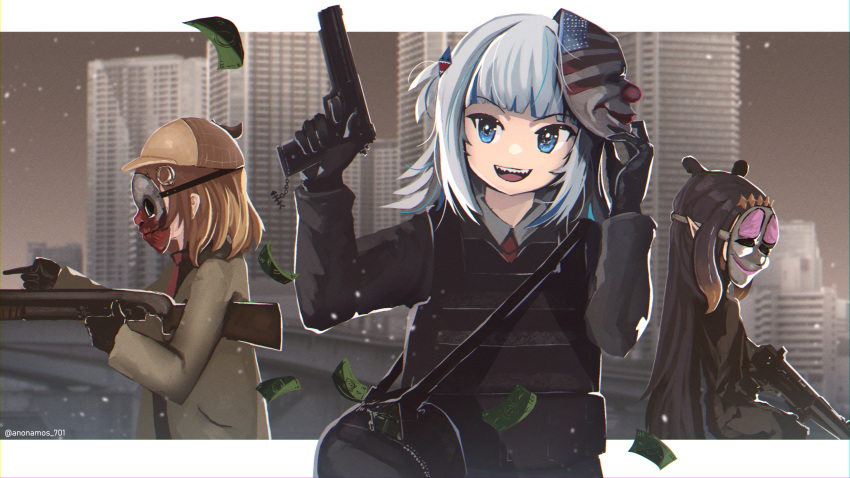 3girls :d american_flag american_flag_print anonamos bag bangs beige_coat blonde_hair blue_eyes blunt_bangs blurry blurry_background brown_headwear bulletproof_vest coat collared_shirt deerstalker eyebrows_visible_through_hair flag_print from_side gawr_gura gun hair_ornament handgun hat highres holding holding_gun holding_weapon hololive hololive_english looking_to_the_side mask mask_on_head medium_hair monocle_hair_ornament multicolored_hair multiple_girls necktie night night_sky ninomae_ina'nis open_mouth outdoors pistol pointy_ears profile shark_hair_ornament shirt short_hair shoulder_bag sky smile star_(sky) streaked_hair two_side_up upper_body virtual_youtuber watson_amelia weapon