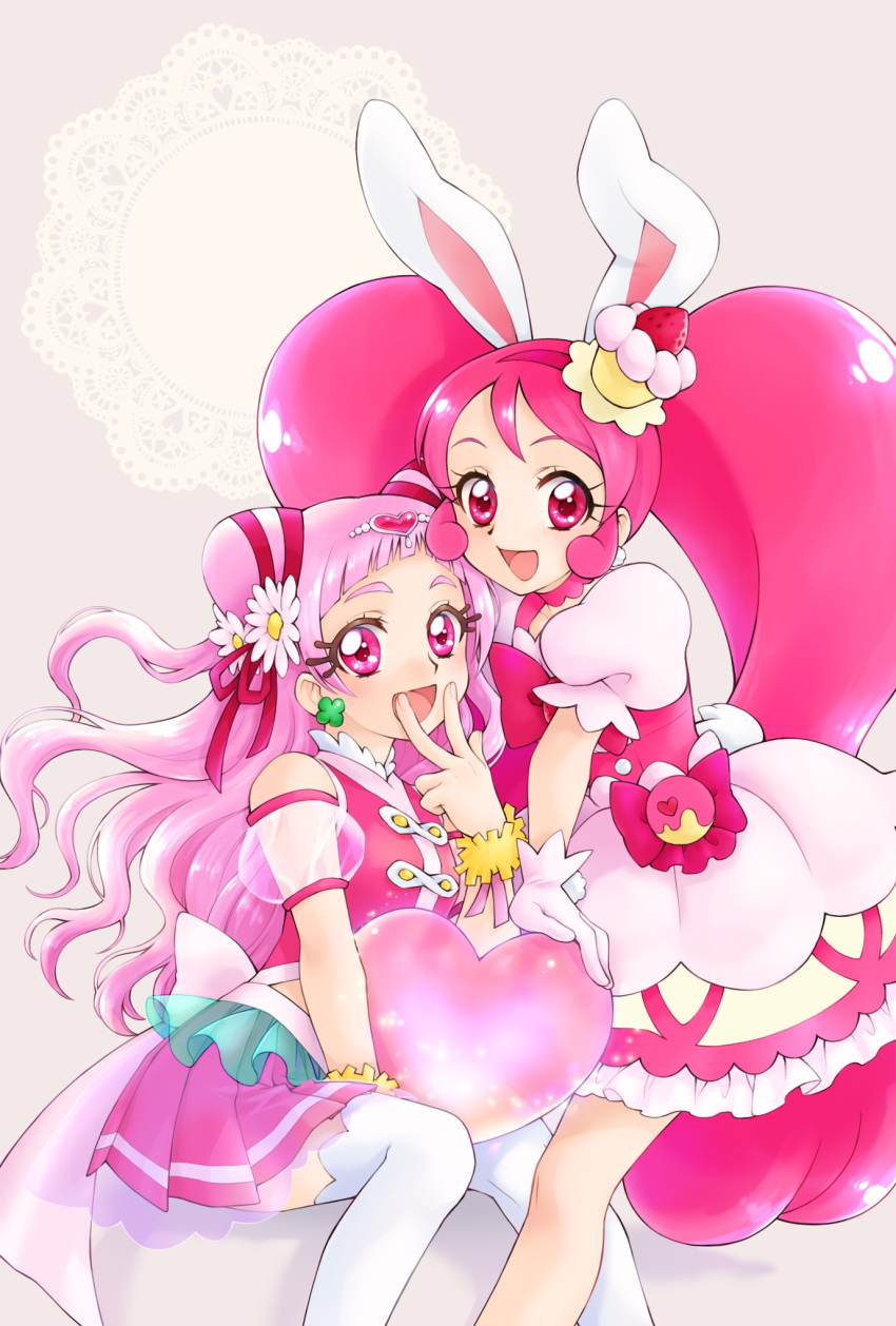 2girls :d aizen_(syoshiyuki) animal_ears cake_hair_ornament commentary_request cure_whip cure_yell dress earrings extra_ears eyelashes flower food food_themed_clothes food_themed_hair_ornament gloves hair_cones hair_flower hair_ornament hair_ribbon happy heart highres hugtto!_precure jewelry kirakira_precure_a_la_mode long_hair looking_at_viewer magical_girl multiple_girls nono_hana open_mouth petticoat pink_dress pink_eyes pink_hair pink_shirt pink_skirt pom_pom_(clothes) pom_pom_earrings precure puffy_sleeves rabbit_ears ribbon shirt sitting skirt smile thigh-highs thighs usami_ichika v