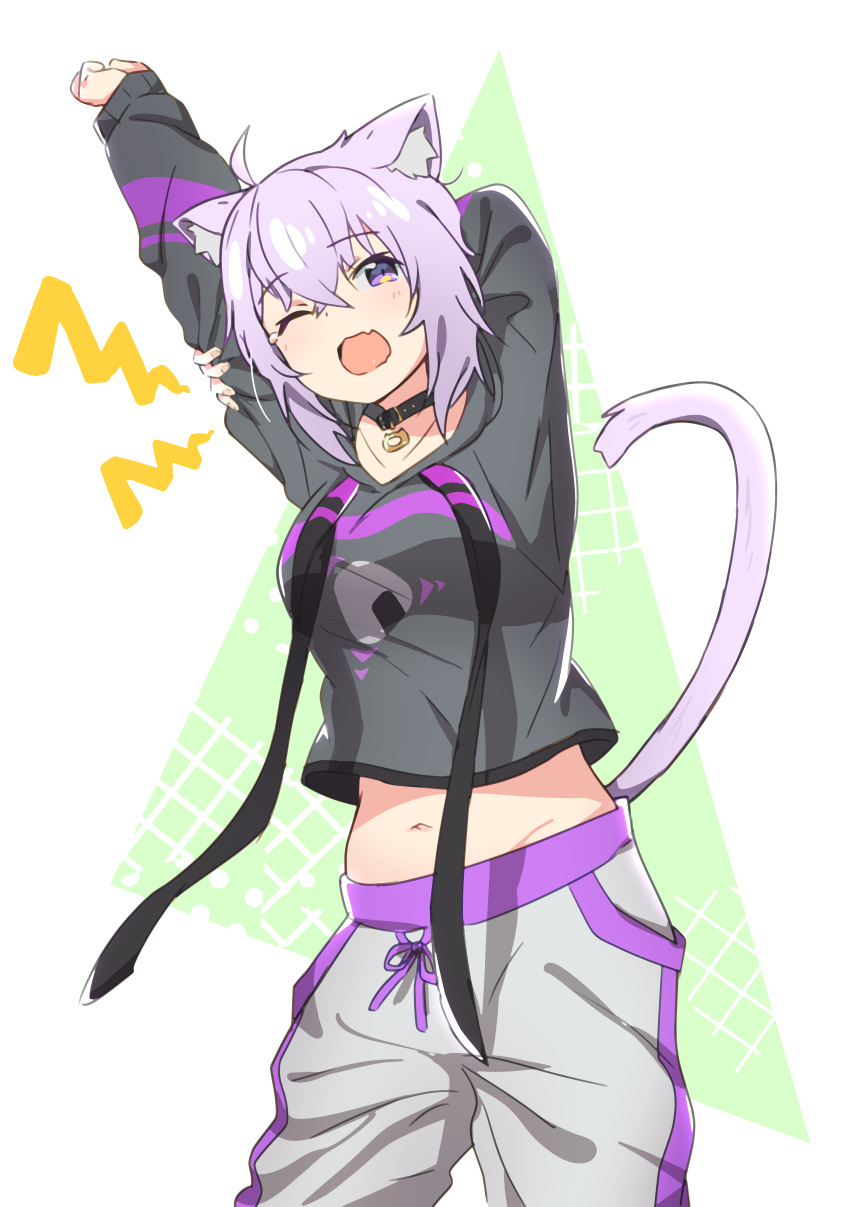 1girl absurdres ahoge animal_ear_fluff animal_ears cat_ears choker drawstring eyebrows_visible_through_hair fang highres hololive hood hoodie jacket midriff navel nekomata_okayu one_eye_closed open_mouth pants purple_hair short_hair sidelocks simple_background stretch tail tomatomagica violet_eyes