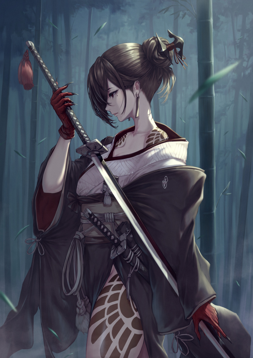 1girl absurdres akeha_(nier_reincarnation) bamboo bamboo_forest brown_eyes brown_hair claws commentary cowboy_shot earrings forest from_side gloves hair_bun hair_ornament hair_over_one_eye highres holding holding_sword holding_weapon huge_filesize japanese_clothes jewelry kimono leaf leg_tattoo looking_away looking_down mole mole_under_eye nature nier_(series) nier_reincarnation obi ootachi parted_lips profile red_gloves sash scabbard sheath sheathed shoulder_tattoo side_slit solo sword tassel tattoo wakizashi weapon wide_sleeves yasu_(segawahiroyasu)