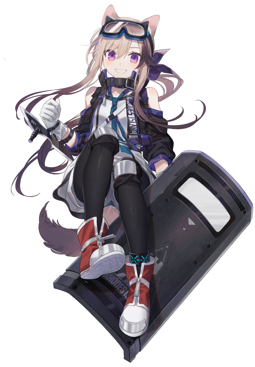 1girl absurdres animal_ears anklet arknights bare_shoulders blonde_hair cardigan_(arknights) dog_ears dog_girl dog_tail highres jewelry ji_mag_(artist) long_hair looking_at_viewer rhodes_island_logo shield shoes shorts smile sneakers solo tail thigh-highs