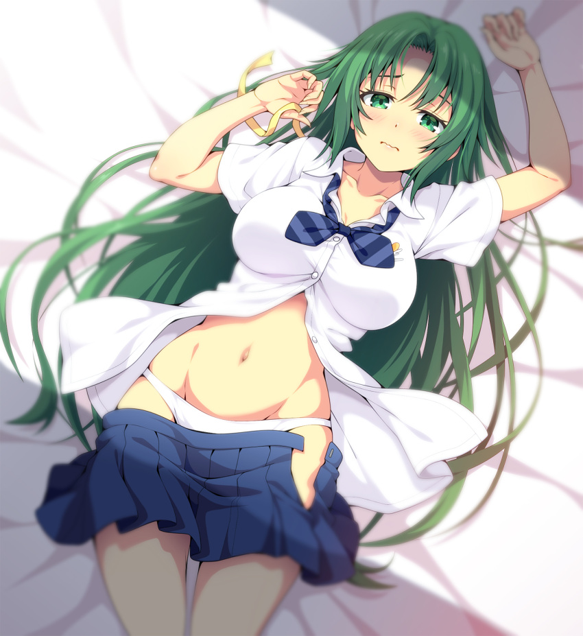 1girl bangs blue_neckwear blue_skirt blush breasts cage_unlimited collarbone cowboy_shot dot_nose dress_shirt green_eyes green_hair hair_down highres higurashi_no_naku_koro_ni large_breasts long_hair looking_at_viewer lying navel on_back panties parted_bangs pleated_skirt ribbon school_uniform shirt short_sleeves skirt skirt_pull solo sonozaki_shion st._lucia_academy_school_uniform striped striped_neckwear unbuttoned unbuttoned_shirt underwear very_long_hair wavy_mouth white_panties white_shirt yellow_ribbon