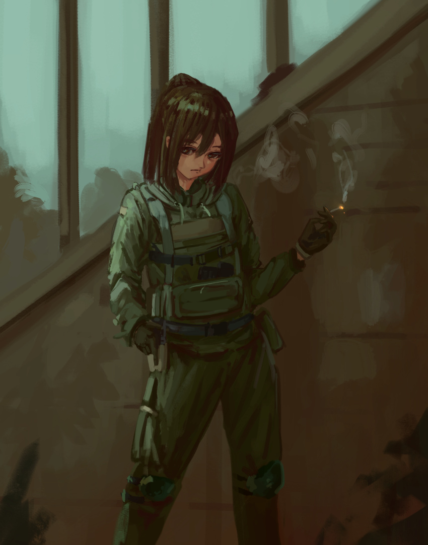 1girl absurdres black_eyes black_gloves black_hair bulletproof_vest cigarette gloves green_pants hair_behind_ear hand_on_hip highres holding holding_cigarette jun_zt looking_down military military_uniform original pants ponytail smoking solo tied_hair uniform