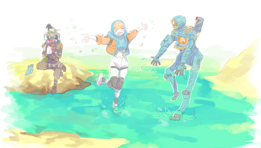 &gt;_&lt; 1boy 1girl 1other ^_^ ambiguous_gender apex_legends bangs blonde_hair bloodhound_(apex_legends) blue_sweater blush bodysuit closed_eyes hood hood_up humanoid_robot looking_ahead mizu_cx one-eyed open_hands open_mouth orange_eyes pathfinder_(apex_legends) pond ribbed_sweater robot science_fiction sweater thigh_strap water wattson_(apex_legends) white_bodysuit wiping_hands