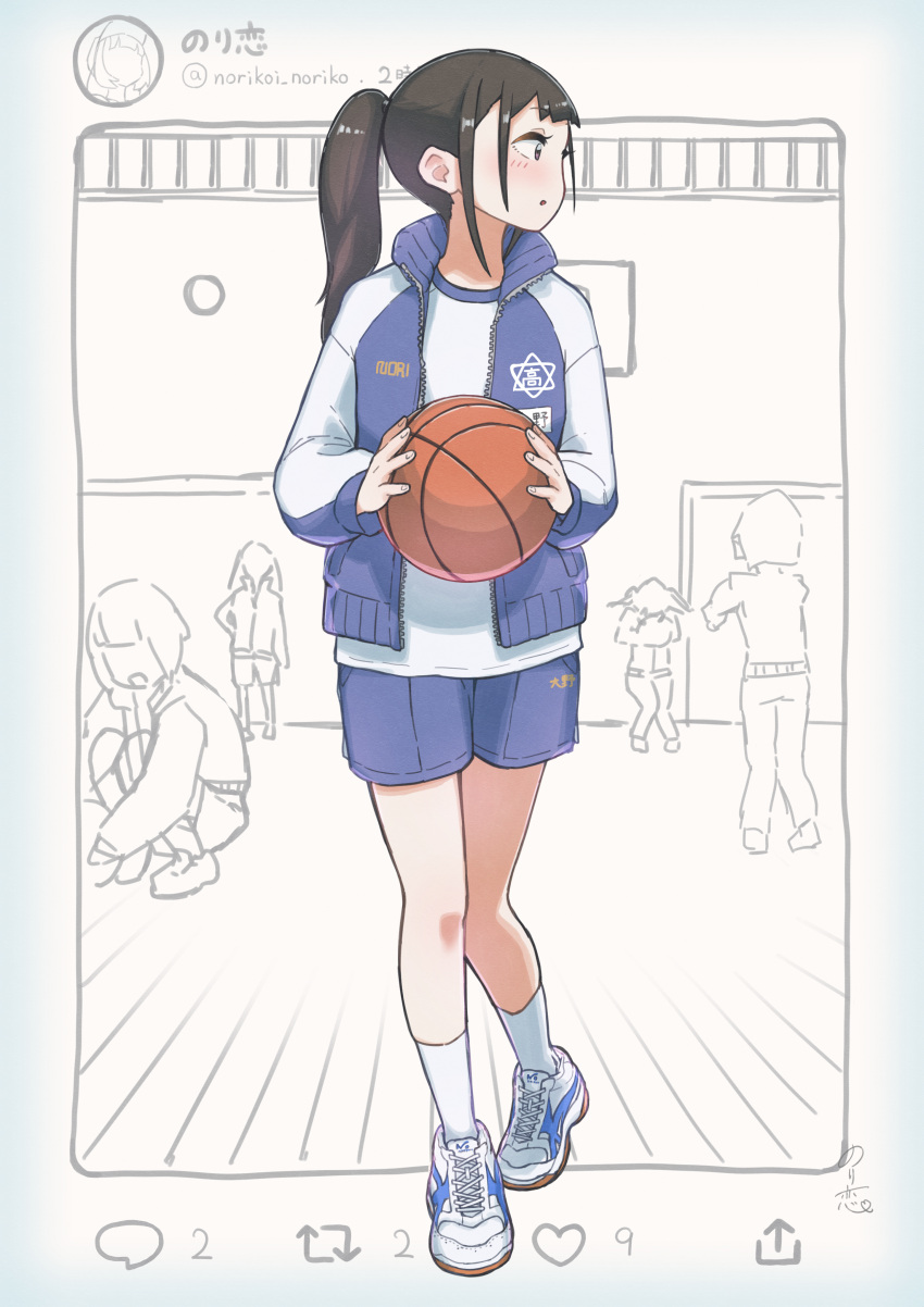 1girl 5girls absurdres basketball black_hair extra gym_uniform highres looking_to_the_side multiple_girls norikoi original partially_colored ponytail profile school_uniform shoes shorts sneakers solo_focus twitter user_interface