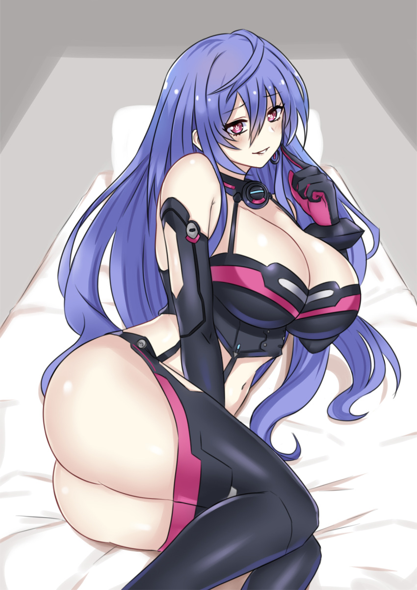 1girl black_gloves black_legwear blue_hair blush breasts earrings elbow_gloves gloves hair_over_one_eye highres iris_heart jewelry kami_jigen_game_neptune_v large_breasts long_hair looking_at_viewer lying navel neptune_(series) on_bed on_side open_mouth pink_eyes shadow solo symbol-shaped_pupils thigh-highs zatsu