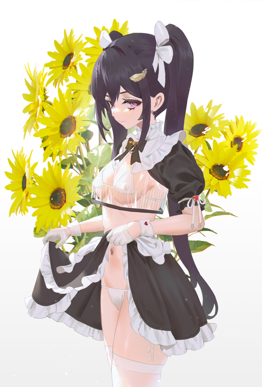 1girl bikini black_hair breasts cirilla covered_nipples flower gloves hair_ornament highres lifted_by_self long_hair looking_at_viewer navel original see-through simple_background skirt skirt_lift smile solo sunflower swimsuit thigh-highs twintails white_background white_bikini white_gloves white_legwear