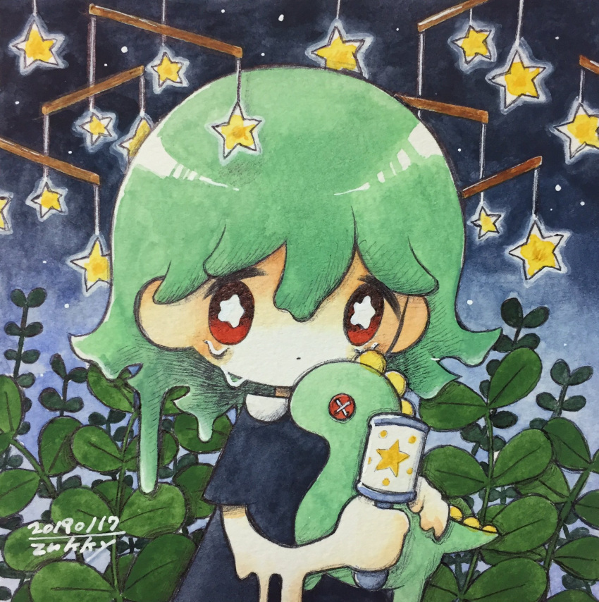 1girl black_dress bright_pupils dated dress dripping green_hair highres holding leaf looking_at_viewer medium_hair mobile original plant red_eyes short_sleeves signature solo star_(symbol) tears upper_body white_pupils zukky000