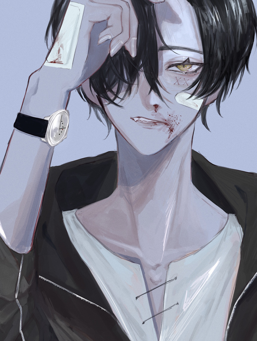 1boy absurdres bandaid bandaid_on_face bandaid_on_hand bishounen black_hair blood blood_on_face bloody_nose blue_background collarbone earlgrey3183 fang fingernails hair_over_one_eye highres jacket male_focus open_clothes open_jacket original parted_lips simple_background slit_pupils solo upper_body watch watch x yellow_eyes zipper