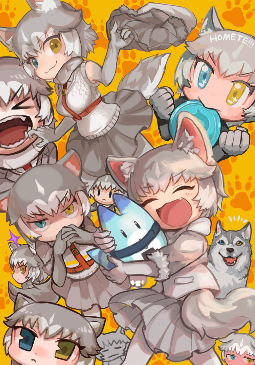 animal_ear_fluff animal_ears backpack bag blue_eyes buchi0122 collar dog_(kemono_friends) dog_(mixed_breed)_(kemono_friends) dog_ears dog_girl dog_tail elbow_gloves extra_ears eyebrows_visible_through_hair fang fur_trim gloves grey_hair harness heterochromia highres jacket kemono_friends lucky_beast_(kemono_friends) multicolored_hair multiple_views necktie open_mouth shirt short_hair short_sleeves shorts skirt smile striped_tail tail two-tone_hair white_hair yellow_eyes