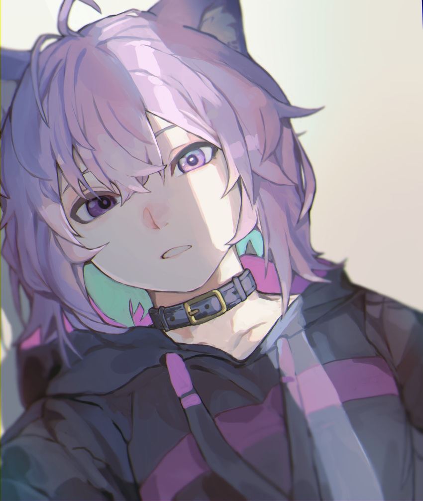 1girl absurdres ahoge animal_ear_fluff animal_ears black_hoodie cat_ears choker collarbone hair_between_eyes highres hololive hood hoodie looking_at_viewer nekomata_okayu parted_lips purple_hair sawada_2222 short_hair solo teeth violet_eyes virtual_youtuber