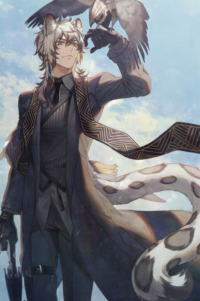 1boy animal animal_ear_fluff animal_ears arknights bird black_gloves clouds cloudy_sky formal gloves green_eyes highres ji_mag_(artist) leopard_ears leopard_tail necktie pants silver_hair silverash_(arknights) sky suit tail umbrella