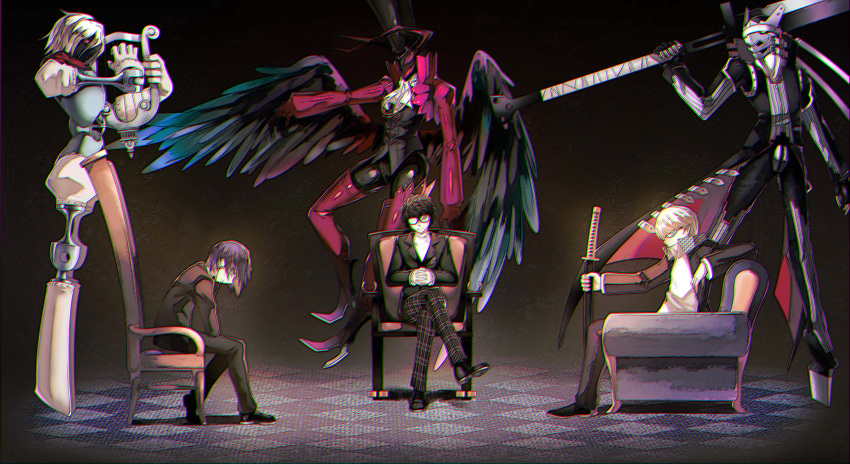 373907230 3boys absurdres amamiya_ren armchair arsene_(persona_5) black_hair blue_hair chair checkered checkered_floor chromatic_aberration crossed_legs dark_background feathered_wings gekkoukan_high_school_uniform harp head_down highres horns instrument izanagi_(persona_4) looking_at_viewer multiple_boys music narukami_yuu orpheus_(persona) over_shoulder persona persona_3 persona_4 persona_5 playing_instrument scabbard school_uniform sheath shuujin_academy_uniform silver_hair sitting sword weapon weapon_over_shoulder wings yasogami_school_uniform yuuki_makoto