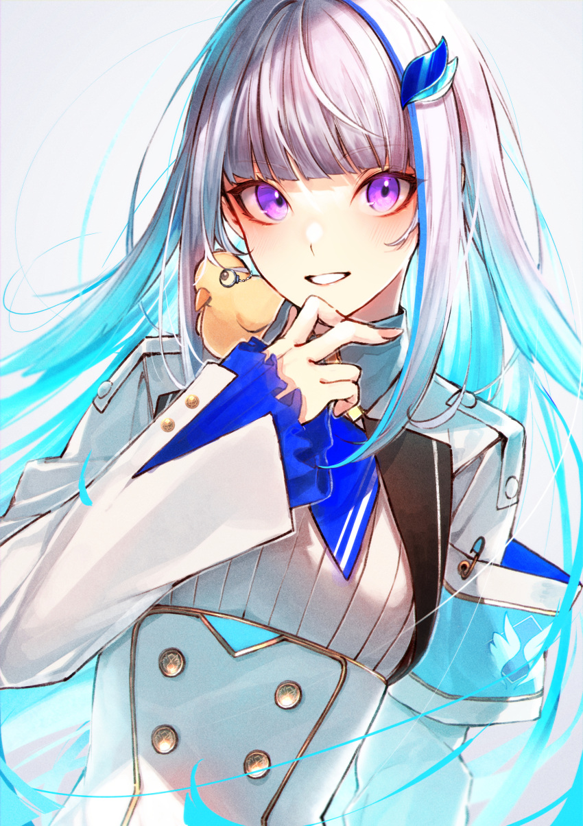 1girl absurdres animal_on_shoulder armband bangs bird bird_on_shoulder blue_hair colored_inner_hair eyebrows_visible_through_hair hair_ornament highres kuwashima_rein lize_helesta long_hair long_sleeves looking_at_viewer multicolored_hair nijisanji safety_pin sebastian_piyodore silver_hair smile solo streaked_hair two-tone_hair upper_body violet_eyes virtual_youtuber white_background