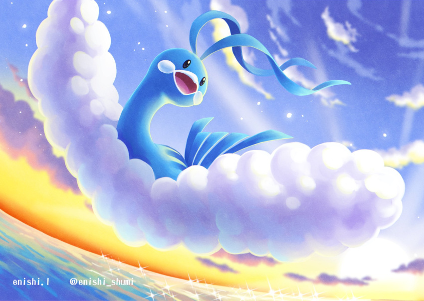 altaria clouds commentary_request day enishi_(menkura-rin10) flying gen_3_pokemon highres looking_to_the_side no_humans open_mouth outdoors pokemon pokemon_(creature) sky solo sparkle tongue