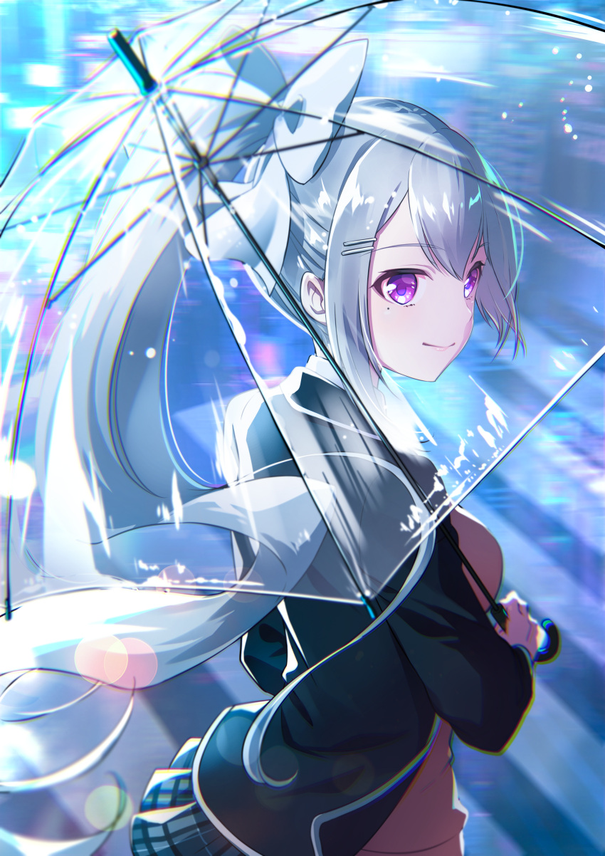 1girl absurdres bangs black_jacket blazer bow eriko eyebrows_visible_through_hair floating_hair hair_between_eyes hair_bow hair_ornament hairclip high_ponytail highres higuchi_kaede holding holding_umbrella huge_filesize jacket lens_flare long_hair long_sleeves mole mole_under_eye nijisanji open_blazer open_clothes open_jacket outdoors pink_sweater plaid plaid_skirt pleated_skirt road school_uniform shiny shiny_hair silver_hair skirt solo standing street sweater transparent transparent_umbrella umbrella very_long_hair violet_eyes white_bow