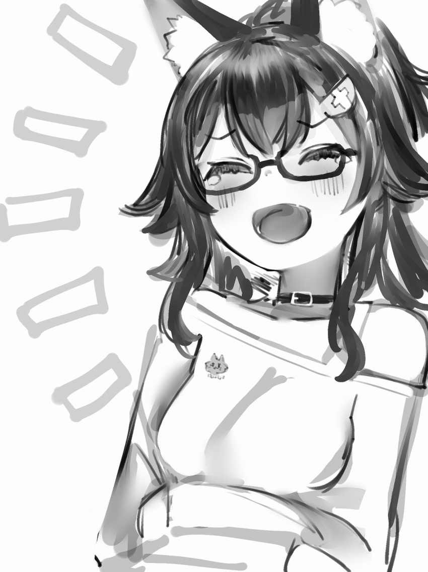 1girl :d animal_ears bare_shoulders belt_collar blush collar crossed_arms glasses greyscale highres hololive laughing long_hair long_sleeves monochrome nanashi_(nlo) notice_lines off-shoulder_sweater off_shoulder ookami_mio open_mouth ponytail semi-rimless_eyewear smile solo sweater tears under-rim_eyewear upper_body wolf_ears