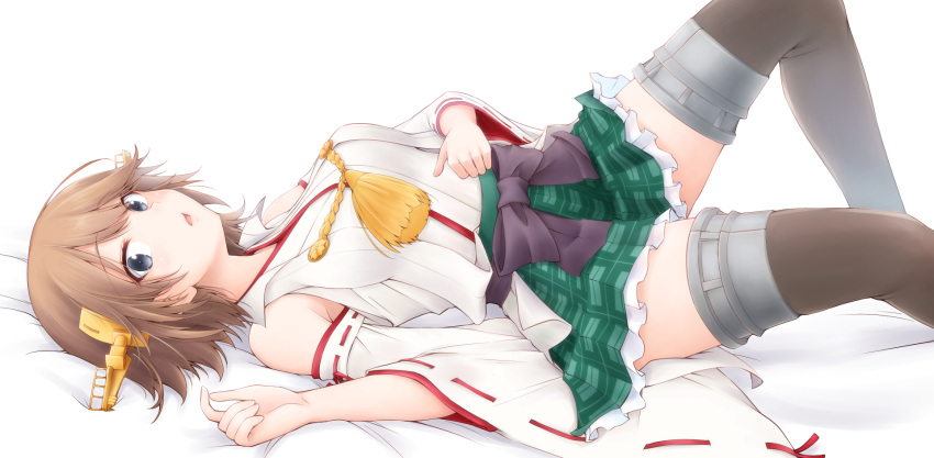 1girl boots breasts brown_hair detached_sleeves flipped_hair green_skirt grey_eyes hairband headgear hiei_(kancolle) highres japanese_clothes kantai_collection lying medium_breasts meihemu nontraditional_miko on_back plaid plaid_skirt ribbon-trimmed_sleeves ribbon_trim short_hair skirt solo thigh-highs thigh_boots