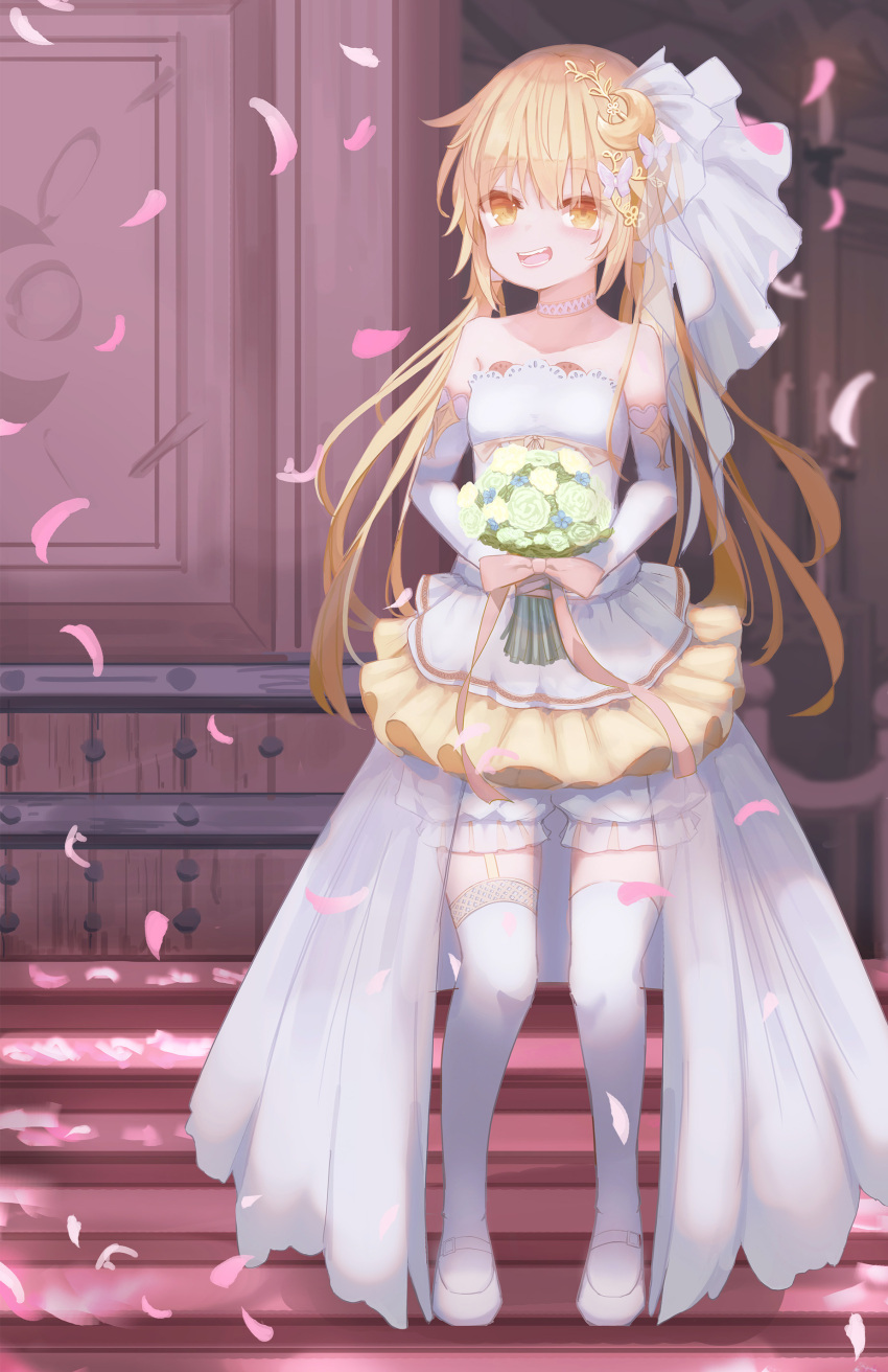 1girl absurdres alternate_costume blonde_hair bouquet breasts crescent crescent_hair_ornament crescent_pin dress elbow_gloves flower garter_straps gloves hair_ornament highres holding holding_bouquet kantai_collection logiclr long_hair low_twintails satsuki_(kancolle) showgirl_skirt sleeveless sleeveless_dress small_breasts solo strapless strapless_dress thigh-highs twintails wedding_dress white_dress white_gloves white_legwear yellow_eyes
