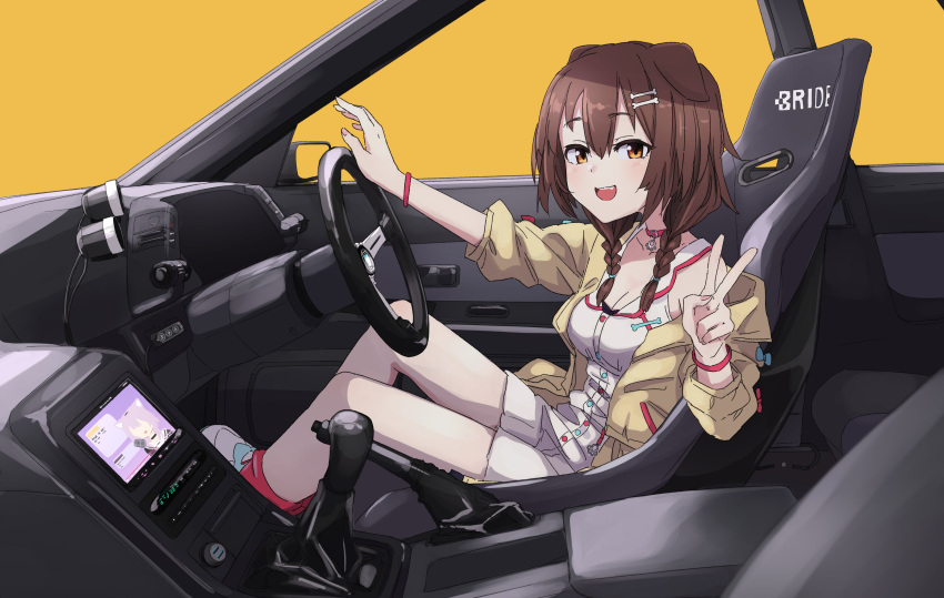 1girl absurdres animal_ears blush bone_hair_ornament braid breasts brown_eyes brown_hair car car_interior dog_ears dog_girl driving ground_vehicle hair_ornament highres hololive igo_miku inugami_korone long_hair motor_vehicle open_mouth smile solo tail twin_braids v virtual_youtuber