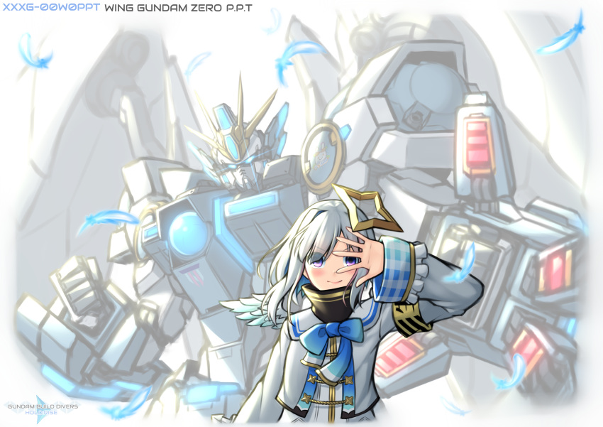 1girl amane_kanata angel_wings blue_bow blush bow clenched_hands crossover english_commentary eyebrows_visible_through_hair feathers floating_hair grey_jacket gundam gundam_build_divers gundam_build_divers_re:rise gundam_wing gundam_wing_endless_waltz hand_over_eye highres hololive jacket logo_parody mecha mechanical_wings mobile_suit open_hand parody pinguinkotak pose sailor_collar science_fiction short_hair silver_hair smile title_parody v-shaped_eyebrows violet_eyes wing_gundam_zero_custom wings