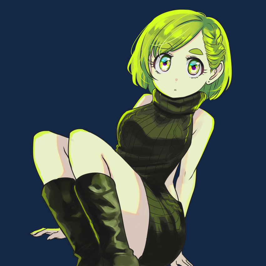 1girl absurdres black_background black_dress black_footwear boots dress earrings eyebrows_visible_through_hair futomayu-chan_(sinohira_rin) green_eyes green_hair highres jewelry knees_up original short_hair simple_background sinohira_rin sitting sleeveless sleeveless_dress sleeveless_sweater solo sweater sweater_dress turtleneck