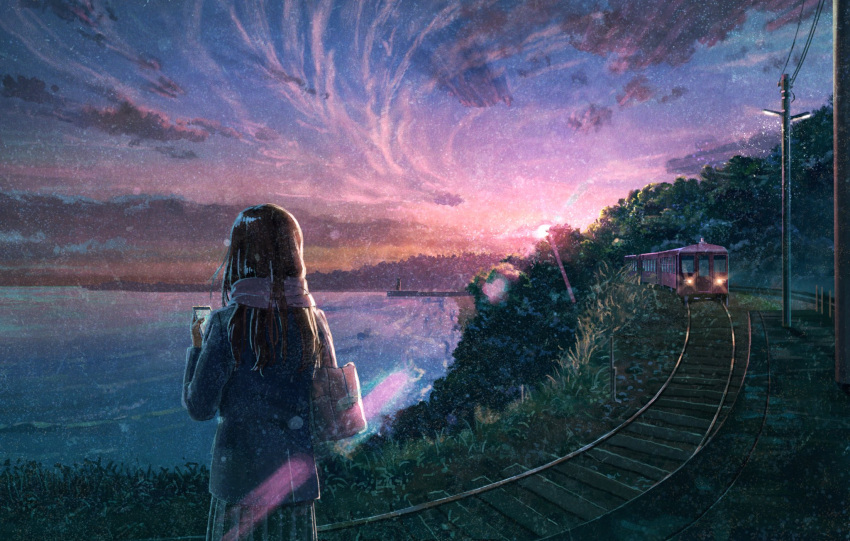 1girl blue_jacket blue_skirt blue_sky brown_hair cellphone clouds facing_away from_behind ground_vehicle highres holding holding_phone jacket kai_sei light_particles long_sleeves ocean original outdoors phone pier pleated_skirt power_lines purple_sky railroad_tracks scarf scenery skirt sky smartphone solo train utility_pole