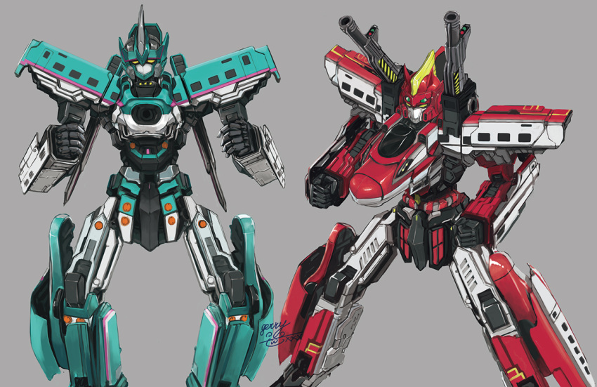 clenched_hands e5_hayabusa_(shinkalion) e6_komachi_(shinkalion) geri_kumaarashi grey_background looking_at_viewer looking_up mecha open_hands science_fiction shinkansen_henkei_robo_shinkalion shoulder_cannon signature yellow_eyes