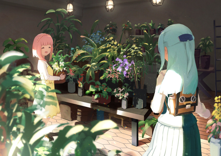 2girls aikawa_aika alice_gear_aegis bag blue_dress blue_hair braid closed_eyes dress flower highres holding lights looking_at_another multiple_girls ochanomizu_mirie open_mouth pink_hair plant potted_plant snlivis50 yellow_dress