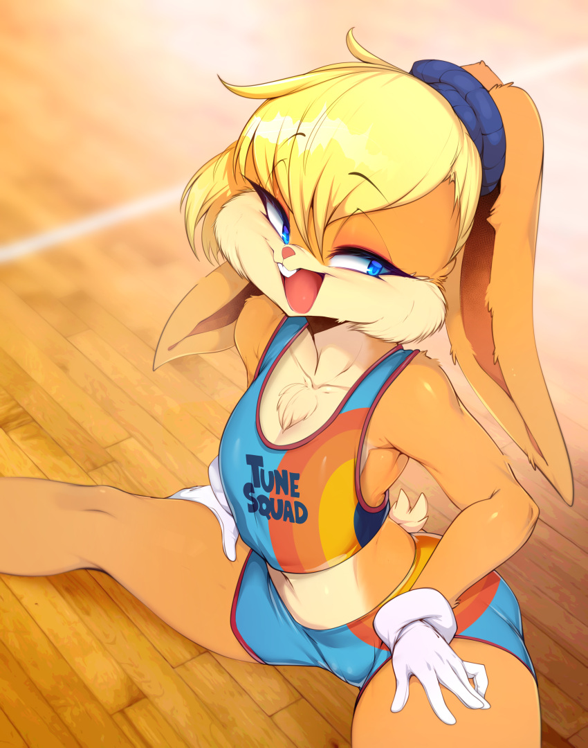 1girl absurdres animal_ears animal_nose blonde_hair blue_eyes blue_shorts body_fur breasts clothes_writing collarbone eyebrows_visible_through_hair fur furry gloves highres lola_bunny looney_tunes midriff navel open_mouth rabbit_ears shorts sitting slugbox small_breasts smile snout solo space_jam sportswear thighs white_gloves