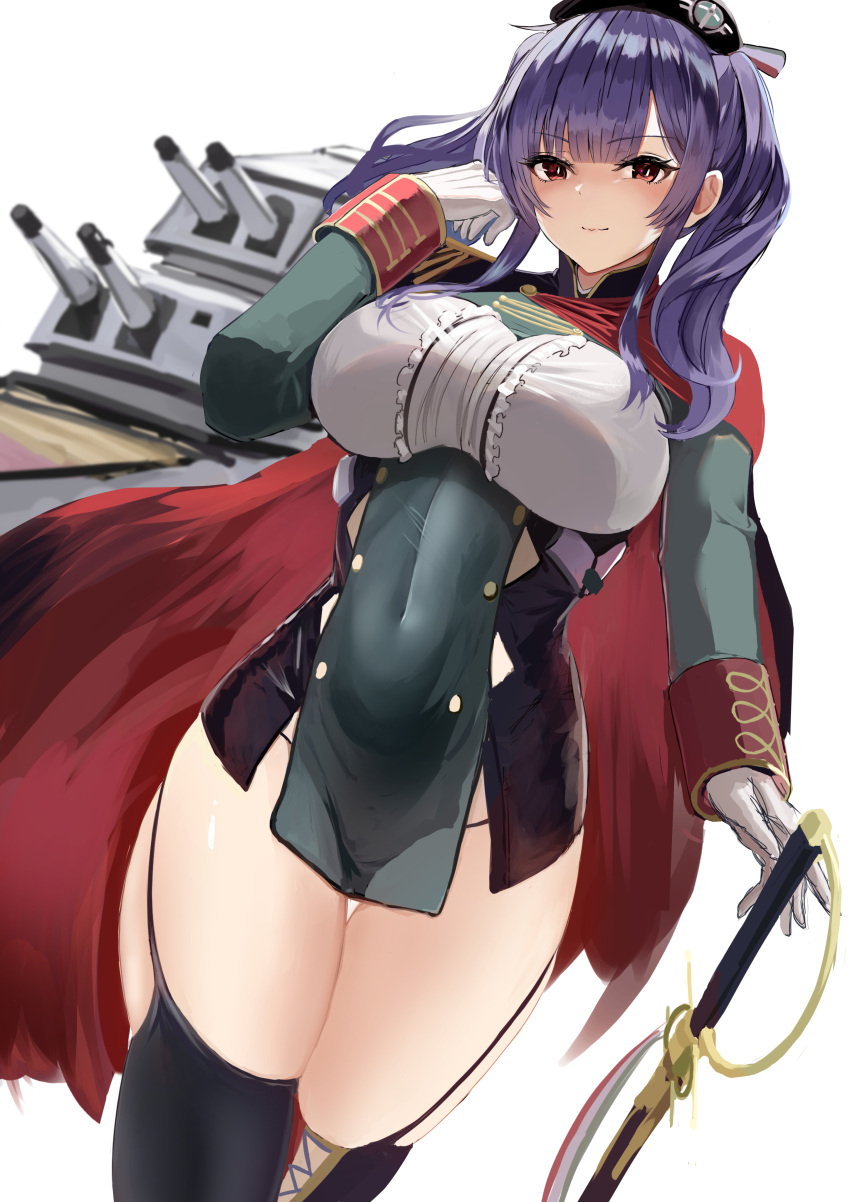 1girl absurdres azur_lane bangs beret black_cape black_headwear black_legwear blunt_bangs bra_through_clothes breasts cape center_frills commentary_request covered_navel cowboy_shot dress dutch_angle epaulettes eyebrows_visible_through_hair framed_breasts frills garter_straps gloves green_dress hand_up hat highres holding holding_sword holding_weapon large_breasts long_hair long_sleeves looking_at_viewer panties pola_(azur_lane) purple_hair red_cape red_eyes rigging saber_(weapon) sidelocks simple_background skindentation smile solo standing sword taut_clothes taut_dress thick_thighs thigh-highs thigh_gap thighs turret twintails two-tone_cape two-tone_dress underwear uniform weapon white_background white_gloves zyousha333