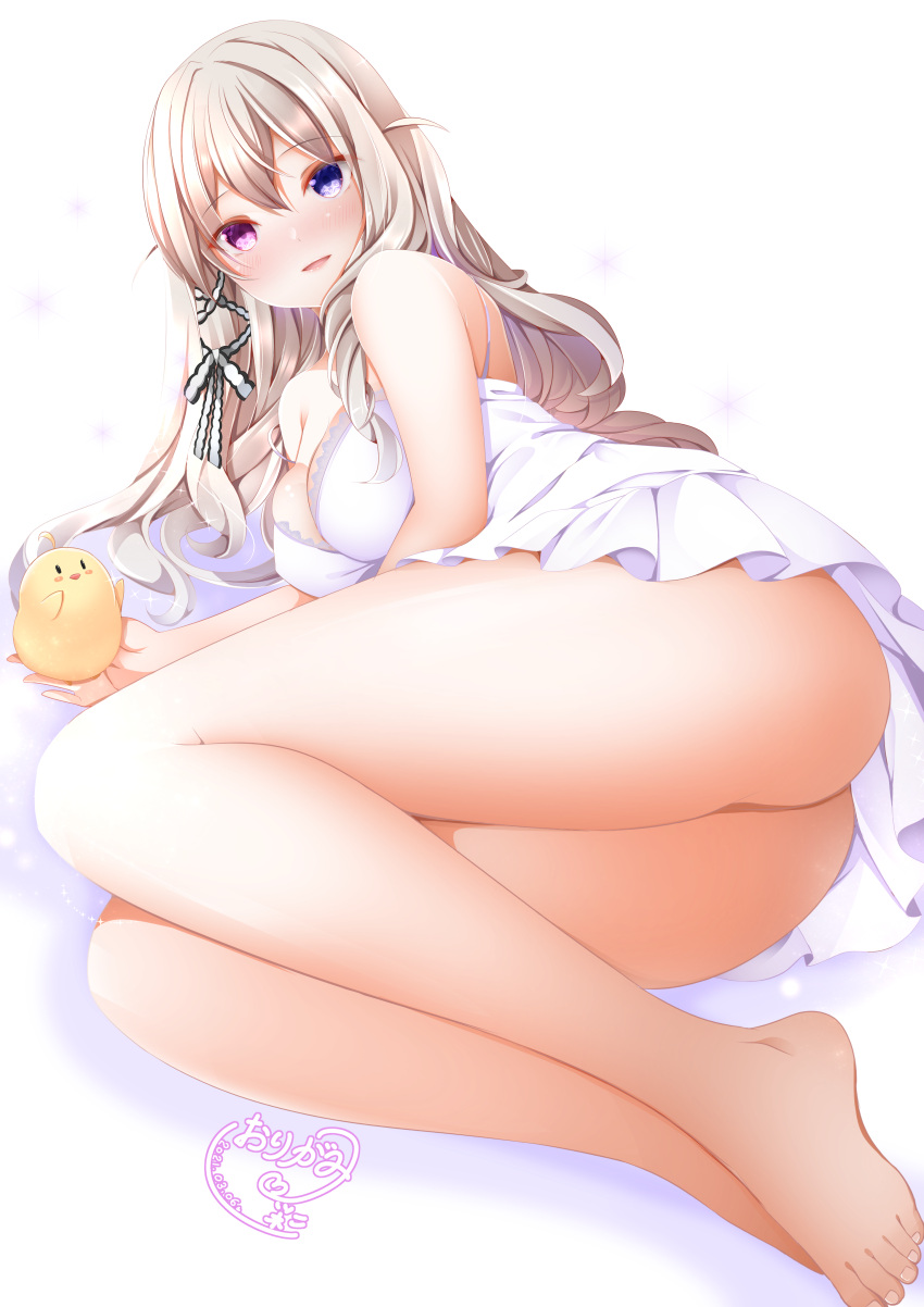1girl absurdres ahoge ass azur_lane azur_lane:_slow_ahead bangs bare_legs barefoot bird breasts commentary_request dress feet hair_ribbon heterochromia highres long_hair looking_at_viewer lying manjuu_(azur_lane) medium_breasts murmansk_(azur_lane) nightgown official_alternate_costume on_side open_mouth origami_aya platinum_blonde_hair ribbon sidelocks signature simple_background smile spaghetti_strap thighs toes violet_eyes wavy_hair white_background white_dress white_nightgown