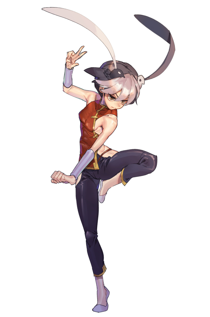 1girl animal_ears bare_shoulders black_hair brown_eyes china_dress chinese_clothes closed_mouth collarbone covered_collarbone dress fake_animal_ears feng_(skullgirls) fighting_stance grey_background hair_between_eyes highres multicolored multicolored_hair rabbit_ears short_hair simple_background skullgirls solo standing standing_on_one_leg tanakalmasaga vambraces w white_hair yin_yang