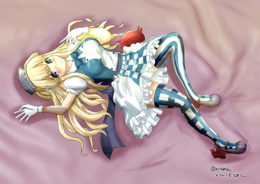 1girl blonde_hair breasts checkered checkered_legwear checkered_skirt cosplay double_bun fletcher_(kancolle) frilled_skirt frills gloves hair_ornament highres kantai_collection large_breasts long_hair michishio_(kancolle) michishio_(kancolle)_(cosplay) mismatched_legwear senon short_sleeves skirt solo star_(symbol) star_hair_ornament striped striped_legwear thigh-highs violet_eyes white_gloves