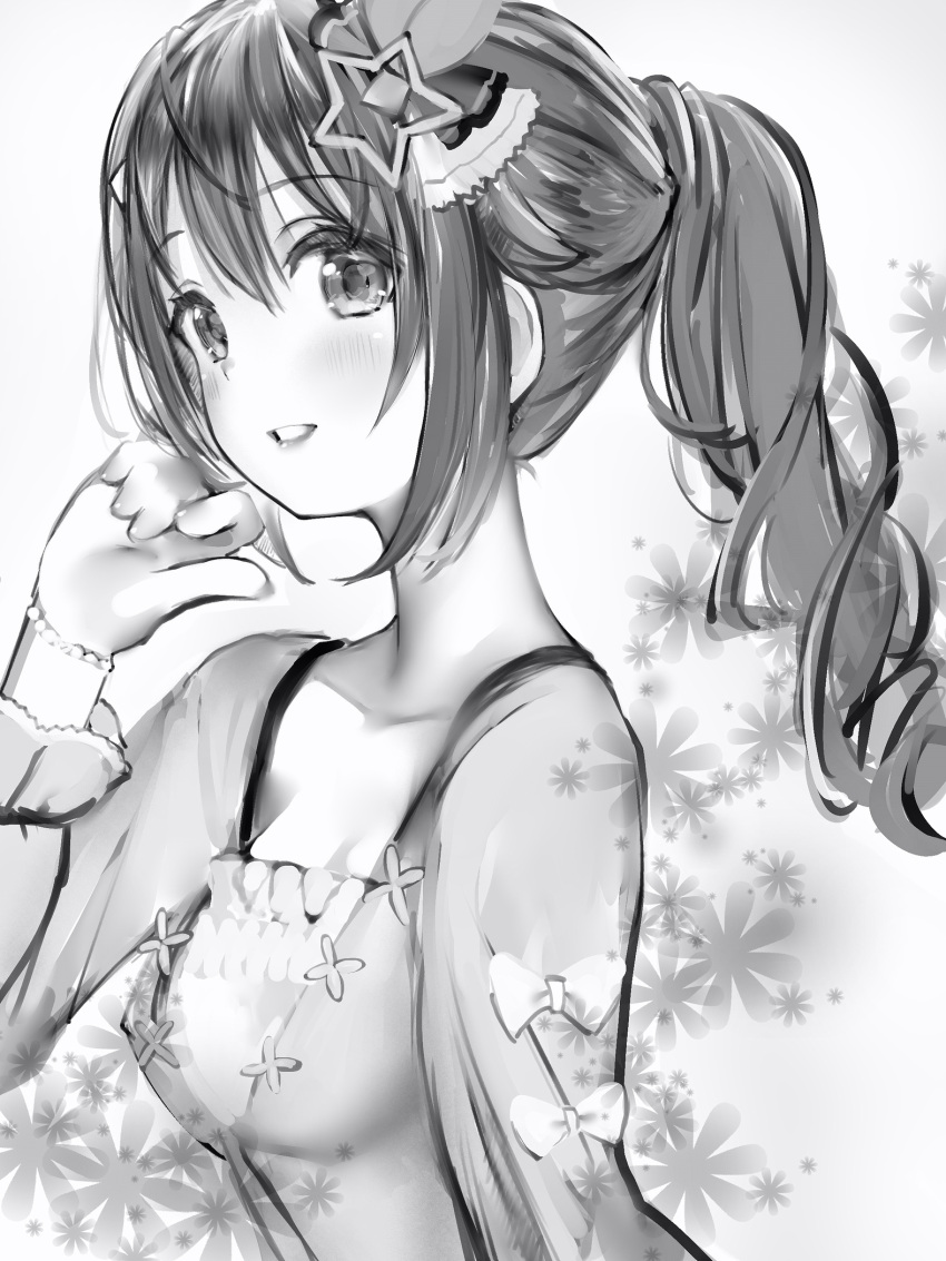 1girl alternate_hairstyle blush bow breasts dress from_side greyscale hair_ornament highres hololive long_hair looking_at_viewer looking_to_the_side medium_breasts monochrome nanashi_(nlo) parted_lips ponytail smile solo star_(symbol) star_hair_ornament tokino_sora upper_body