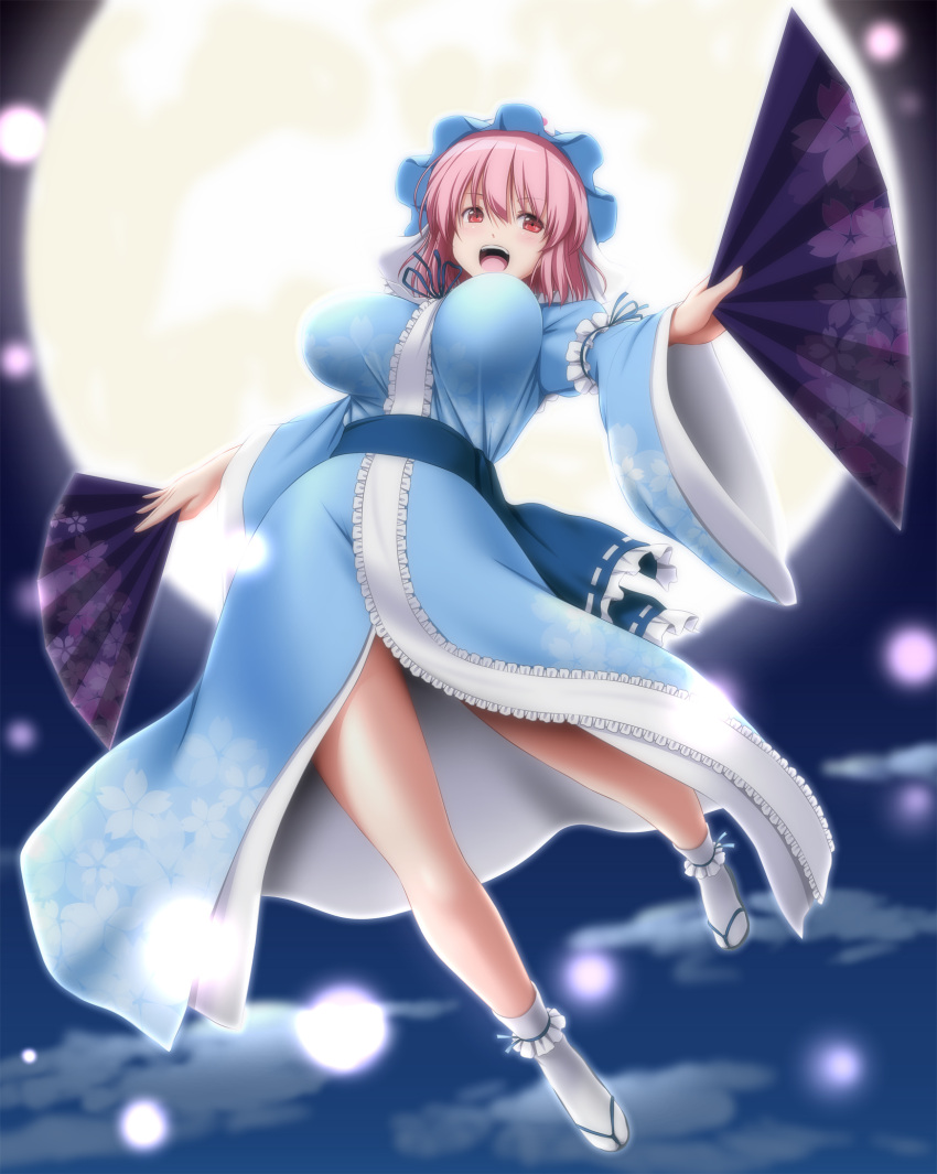 1girl :d backlighting bangs blue_kimono breasts clouds commentary fan floating folding_fan full_body full_moon hair_between_eyes hat highres japanese_clothes kimono large_breasts long_sleeves looking_at_viewer mob_cap moon nori_tamago open_mouth outstretched_arms pink_hair red_eyes saigyouji_yuyuko sandals sash short_hair smile solo tabi touhou white_legwear wide_sleeves