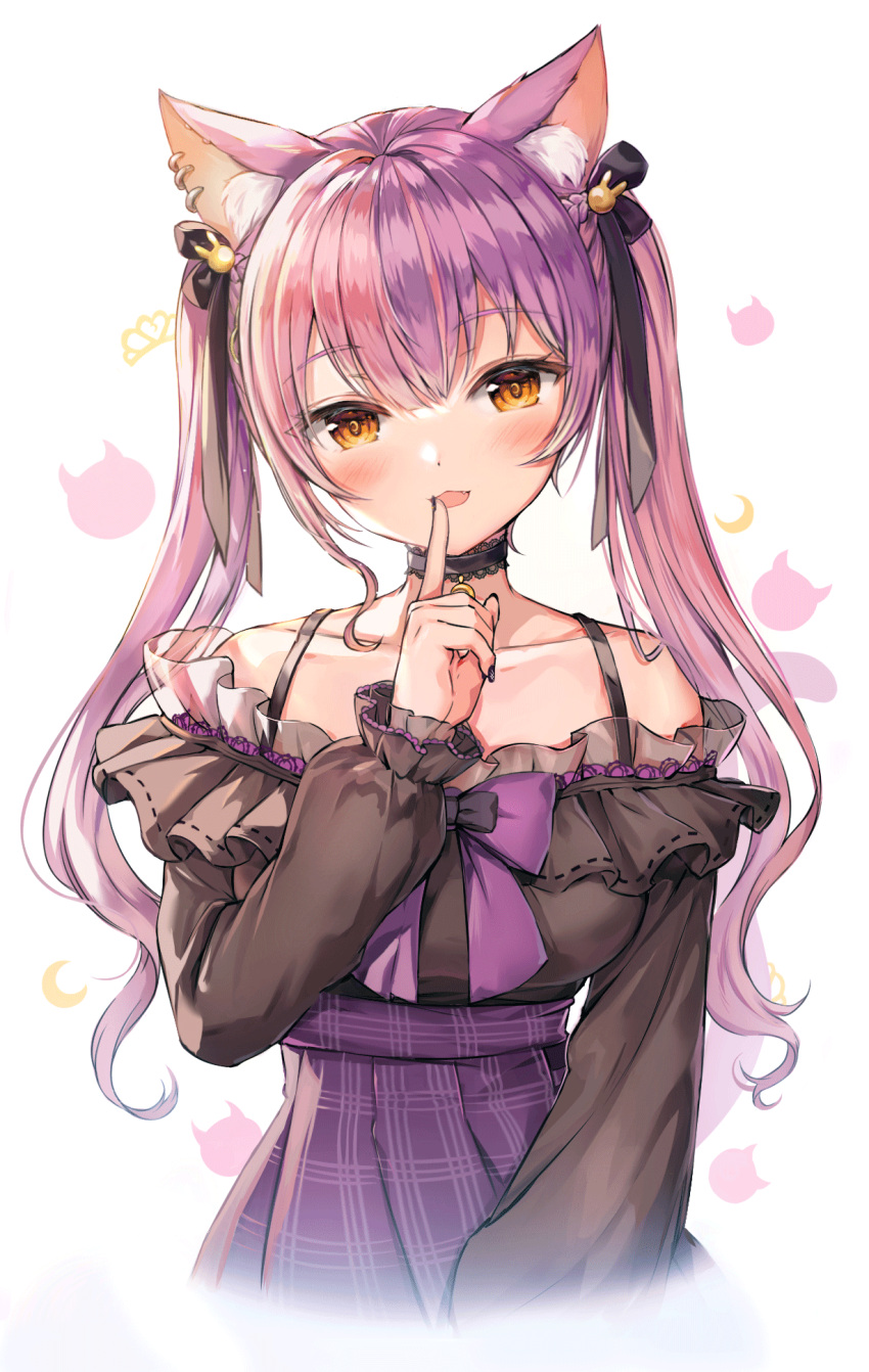 1girl :3 animal_ear_fluff animal_ears bangs bare_shoulders black_choker black_dress black_nails blush breasts cat_ears choker commentary_request dress dress_bow eyebrows_visible_through_hair finger_to_mouth fingernails frilled_choker frilled_dress frills hair_ribbon hand_up high-waist_skirt highres long_sleeves looking_at_viewer luzzi_(milllim) medium_breasts multicolored_hair musubime nail_polish off-shoulder_dress off_shoulder orange_eyes pink_hair pleated_skirt purple_hair purple_skirt ribbon skirt solo tsukiyomi_yomi twintails two-tone_hair virtual_youtuber