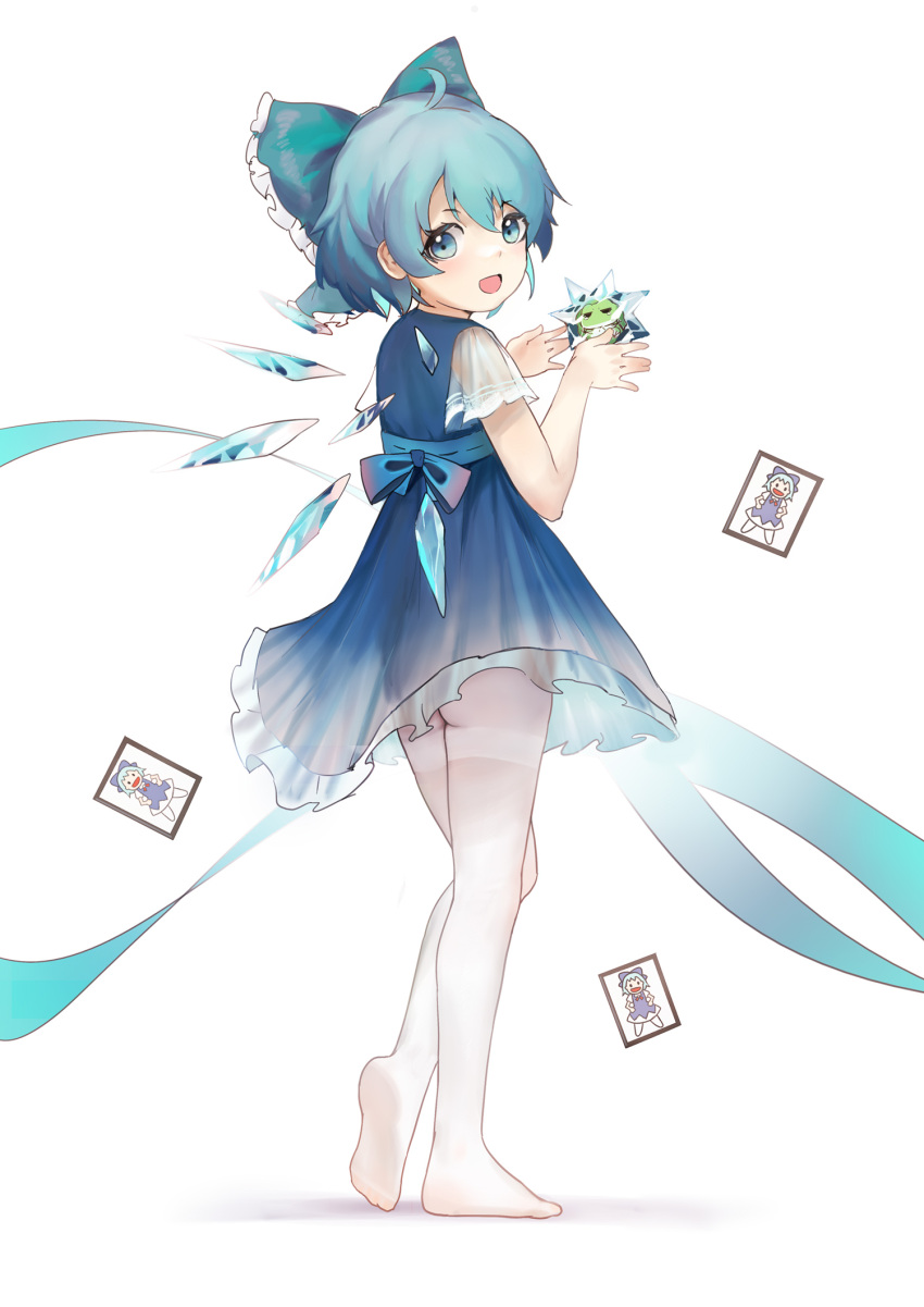 1girl :d ahoge ass back_bow bangs blue_bow blue_dress blue_eyes blue_hair blush bow card cirno dress eyebrows_visible_through_hair frilled_bow frills frozen_frog full_body hair_between_eyes hair_bow highres ice ice_wings looking_at_viewer looking_back no_shoes open_mouth pantyhose petticoat see-through short_hair short_sleeves simple_background siyumu smile soles solo standing thighband_pantyhose touhou unconnected_marketeers white_background white_legwear wings
