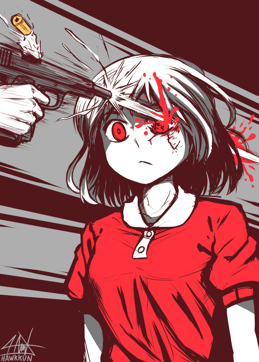 1girl 1other absurdres blood buttons closed_mouth collared_shirt cropped_torso expressionless finger_on_trigger firing gun handgun highres looking_away medium_hair original pistol red_eyes red_shirt senpaihawkkun shirt short_sleeves signature tagme upper_body weapon