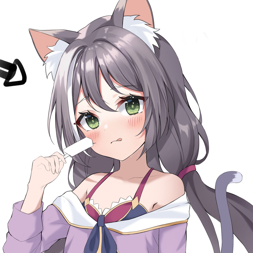 1girl :q absurdres animal_ears black_hair blush cat_ears cat_tail danyo_(chung0226) food highres holding long_hair looking_at_viewer multicolored_hair original popsicle simple_background solo streaked_hair tail tongue tongue_out upper_body white_background