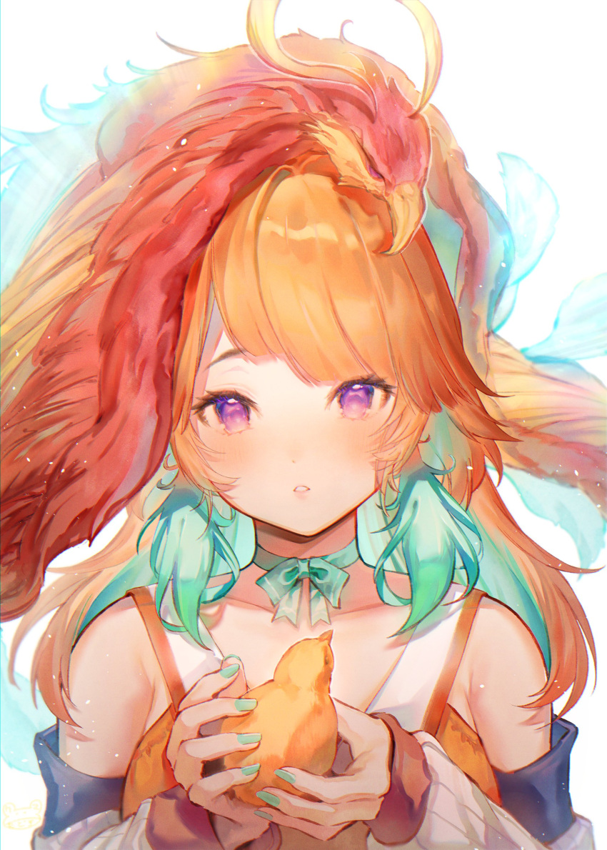 1girl absurdres bangs bird blush breasts detached_sleeves earrings eyebrows_visible_through_hair feathers gradient_hair green_hair hat highres holding hololive hololive_english jewelry looking_at_viewer modoki_kuma multicolored_hair open_mouth orange_hair phoenix smile solo takanashi_kiara violet_eyes virtual_youtuber