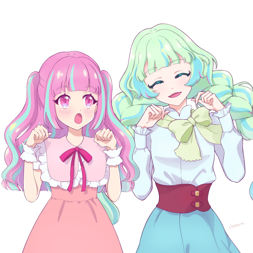 2girls :d :o ^_^ ^o^ aikatsu!_(series) aikatsu_planet! ann_(aikatsu!) aqua_eyelashes artist_name bangs blue_hair blue_skirt blunt_bangs blush bow bowtie braid cat_day chisaca closed_eyes colored_eyelashes commentary_request diamond_(symbol) dress eyebrows_visible_through_hair facing_viewer green_hair green_neckwear hands_up high-waist_skirt highres kurimu_an long_hair looking_at_another loose_bowtie multicolored multicolored_eyes multicolored_hair multiple_girls neck_ribbon open_mouth paw_pose pink_dress pink_eyes pink_hair pink_ribbon q-pit ribbon shirt simple_background skirt smile streaked_hair tsukishiro_ayumi twin_braids twintails two_side_up upper_body very_long_hair violet_eyes white_background white_shirt wrist_cuffs