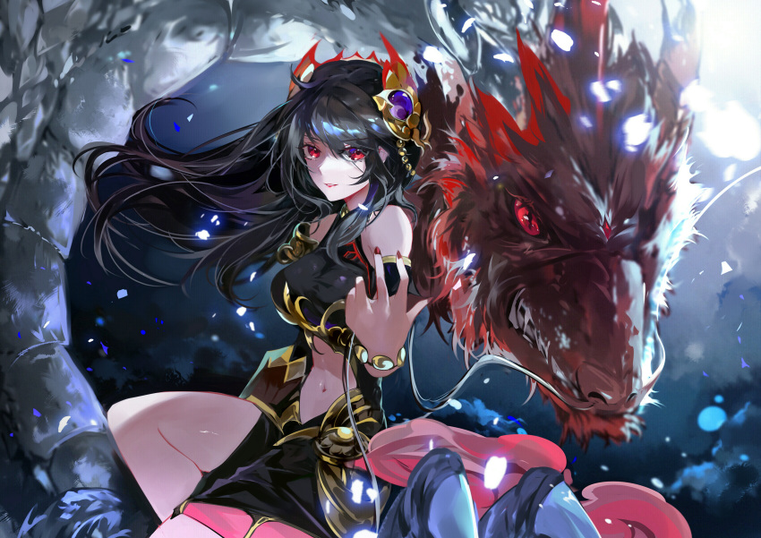 1girl armband bare_legs bare_shoulders black_hair black_skirt bracelet crop_top dragon hair_ornament halter_top halterneck highres jewelry lipstick long_hair looking_at_viewer makeup midriff nail_polish navel parted_lips petals red_eyes red_nails seven_knights skirt smile solo vardan
