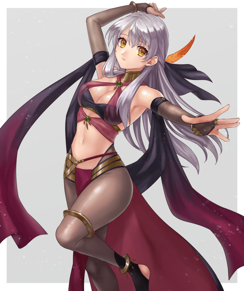 1girl absurdres alternate_costume anklet arm_up bandeau bangs border bracelet commentary_request commission cosplay criss-cross_halter dancer dorothea_arnault dorothea_arnault_(cosplay) elbow_gloves eyebrows_visible_through_hair feathers fingerless_gloves fire_emblem fire_emblem:_radiant_dawn fire_emblem_heroes gloves grey_background grey_gloves grey_legwear hair_feathers halterneck hazuki_(nyorosuke) highres jewelry long_hair looking_at_viewer micaiah_(fire_emblem) midriff navel outside_border pantyhose parted_lips shawl silver_hair simple_background skeb_commission solo standing stomach thighlet thighs white_border yellow_eyes