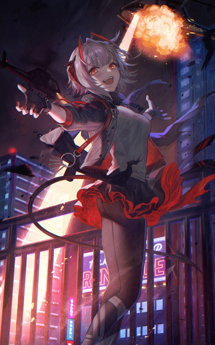 1girl aircraft arknights building demon_girl demon_horns demon_tail explosion fingerless_gloves gloves grey_skirt helicopter highres horns jacket ji_mag_(artist) looking_at_viewer night red_eyes red_nails shirt short_hair skirt solo tail thigh-highs w_(arknights)