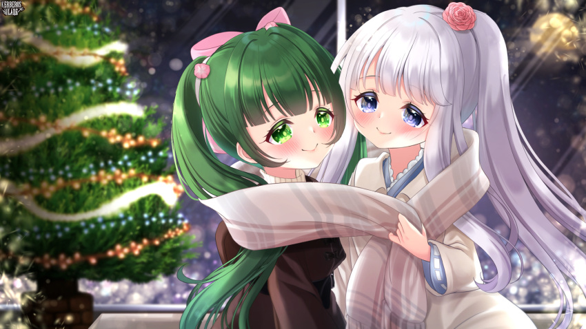 2girls bangs black_jacket blue_kimono blurry blurry_background blush bow christmas christmas_ornaments christmas_tree closed_mouth copyright_name depth_of_field eyebrows_visible_through_hair flower fringe_trim green_eyes green_hair grey_scarf hair_bow hair_flower hair_ornament highres jacket japanese_clothes kerberos_blade kimono long_hair long_sleeves mirai_(happy-floral) multiple_girls official_art pink_bow ponytail red_flower red_rose ribbon-trimmed_sleeves ribbon_trim rose scarf shared_scarf silver_hair smile twintails very_long_hair violet_eyes watermark yuri